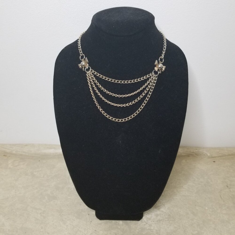 Vintage Four-Chain Metal Necklace with Bow Accents